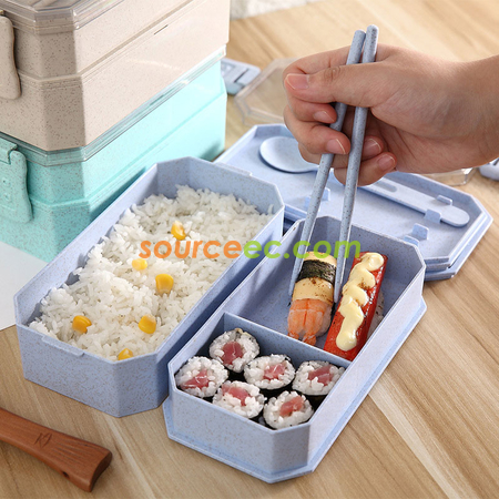禮品訂造雙層飯盒塑膠可微波學生便當盒餐具套裝日式餐具紀念品