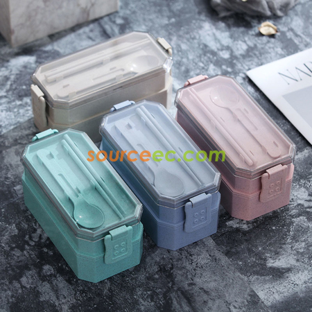 禮品訂造雙層飯盒塑膠可微波學生便當盒餐具套裝日式餐具紀念品