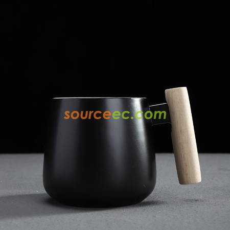 禮品訂造425ML木柄簡約水杯子陶瓷杯咖啡杯帶蓋勺紀念品
