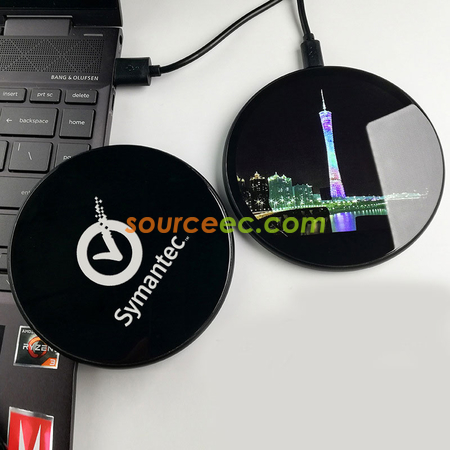 禮品訂造快充發光LOGO移動電源無線充二合一圓形彩色發光無線充電器紀念品