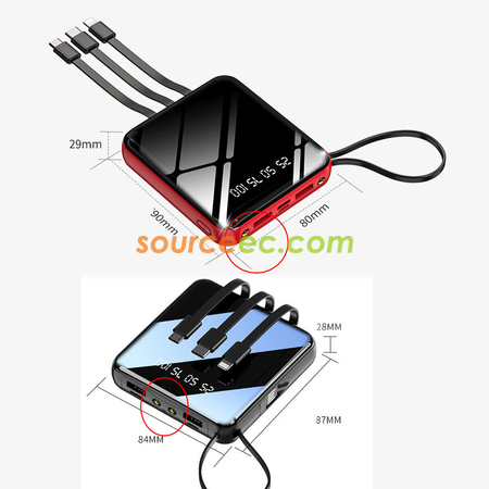 禮品訂造自帶線充電寶大容量20000毫安培移動電源數顯鏡面紀念品
