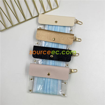 禮品訂造皮革拼接口罩收納袋 透明PVC口罩小包便攜掛扣防塵口罩包紀念品