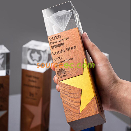 禮品訂造星星實木水晶獎座紀念品