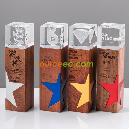 禮品訂造星星實木水晶獎座紀念品