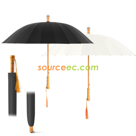 禮品訂造24骨直桿長柄雨傘女復古森系實木柄纖維骨晴雨傘紀念品
