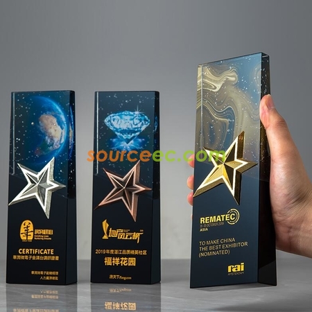 禮品訂造幻彩金屬星星水晶獎座紀念品