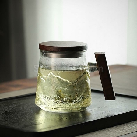 禮品訂造山海茶木柄玻璃泡茶杯紀念品