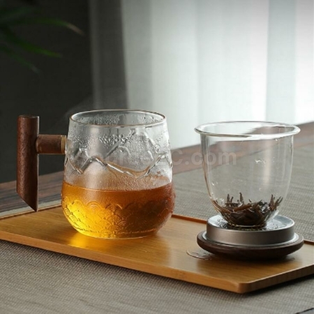 禮品訂造高硼矽玻璃木柄山海紋理泡茶杯紀念品