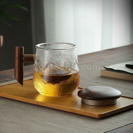 禮品訂造高硼矽玻璃木柄山海紋理泡茶杯紀念品