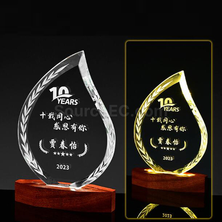 禮品訂造發光實木底座水晶紀念品