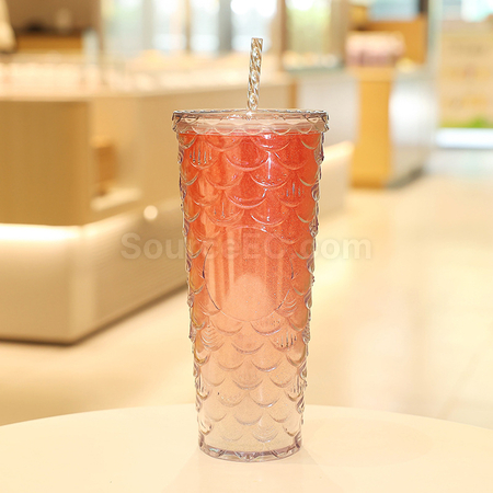 禮品訂造炫彩魚鱗雙層冷飲杯紀念品