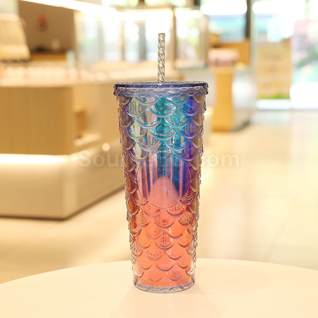 禮品訂造炫彩魚鱗雙層冷飲杯紀念品
