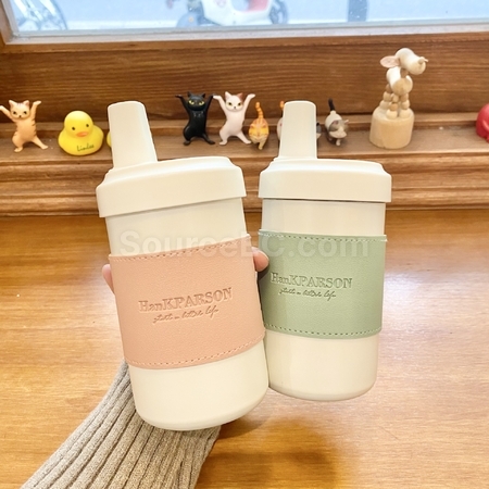 禮品訂造奶茶保溫杯帶木紋可愛小熊皮套紀念品