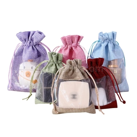 禮品訂造歐根紗拼接麻布束口袋紀念品