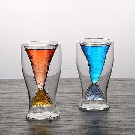禮品訂造彩色美人魚雙層玻璃杯紀念品