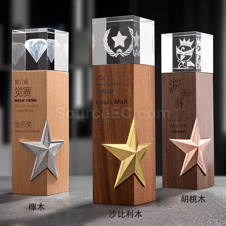 禮品訂造星星實木水晶座紀念品