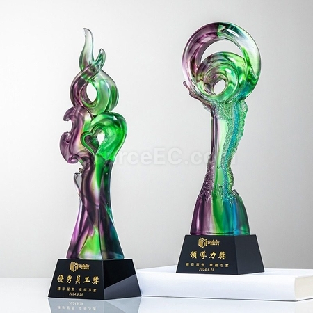 禮品訂造綠紫炫彩琉璃水晶獎杯紀念品